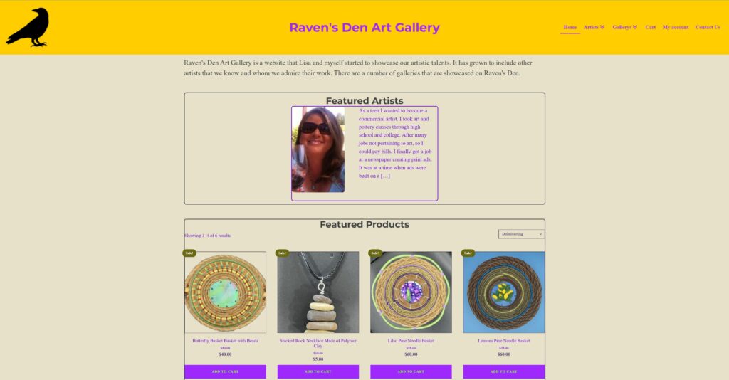Screen shot of Ravens Den Art Studio home page