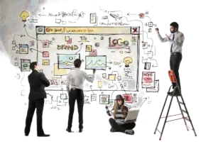 People making plans on a large whiteboard.